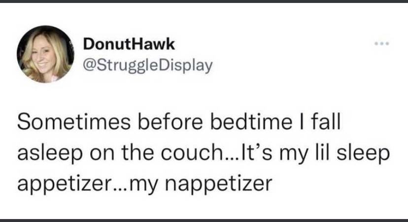 funny tweets - nappetizer meme - DonutHawk Sometimes before bedtime I fall asleep on the couch... It's my lil sleep appetizer...my nappetizer