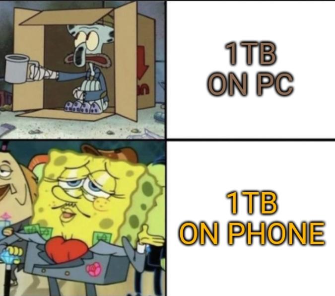 gaming memes - poor squidward rich spongebob meme - w 1TB On Pc 1TB On Phone