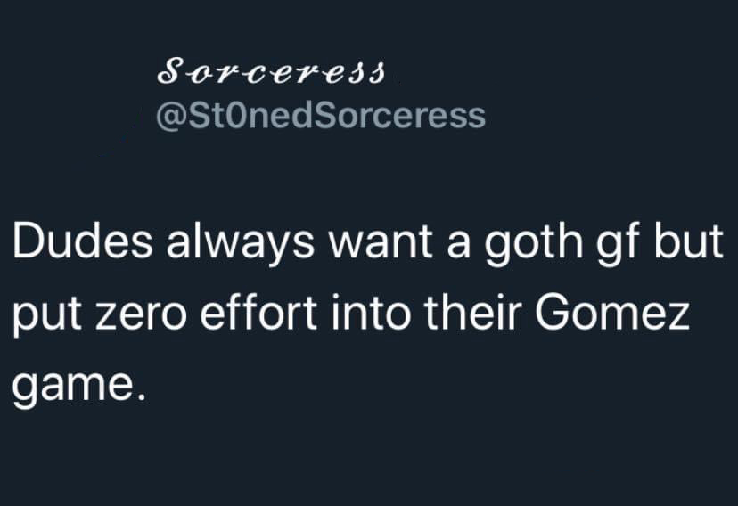 funny memes - dank memes - dudes always want a goth gf - Sorceress Dudes always want a goth gf but put zero effort into their Gomez game.
