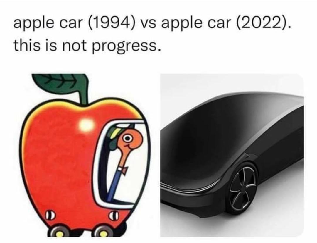 funny memes - dank memes - busy world of richard scarry apple car - apple car 1994 vs apple car 2022. this is not progress.