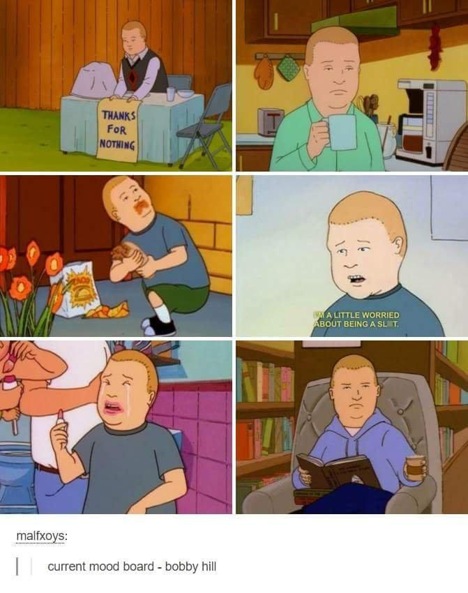funny memes - dank memes - bobby hill mood meme - malfxoys T Thanks For Nothing current mood board bobby hill 31 14 Ihma Little Worried About Being A Slit. F