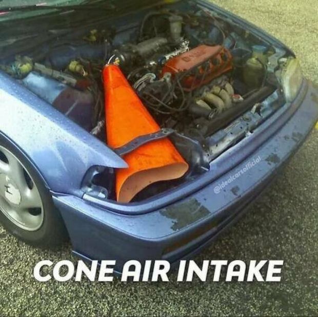 redneck fixes - cone air intake meme - Cone Air Intake
