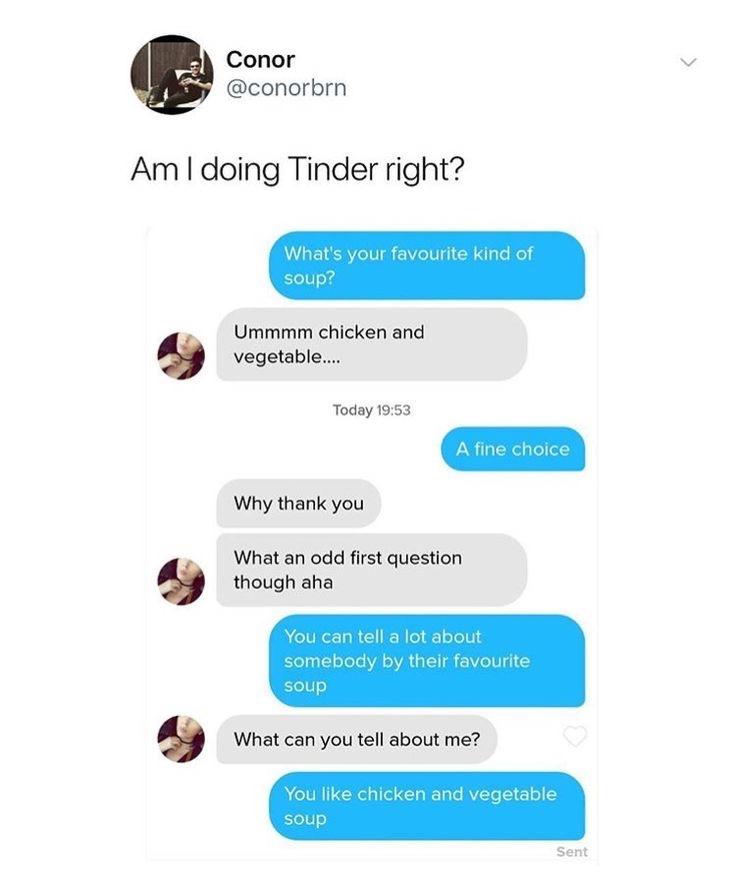 dank memes - am i doing tinder right - Conor Am I doing Tinder right? What's your favourite kind of soup? Ummmm chicken and vegetable.... Today Why thank you What an odd first question though aha You can tell a lot about somebody by their favourite soup A