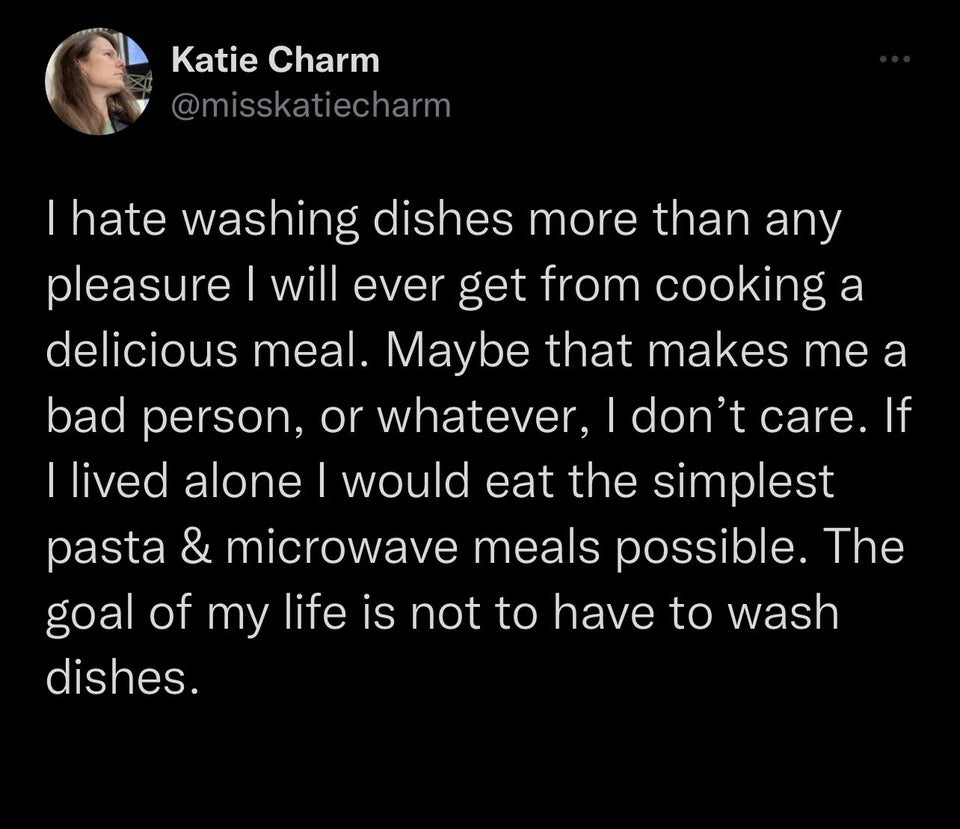 funny tweets - Katie Charm I hate washing dishes more than any pleasure I will ever get from cooking a delicious meal. Maybe that makes me a bad person, or whatever, I don't care. If I lived alone I would eat the simplest pasta & microwave meals possible.