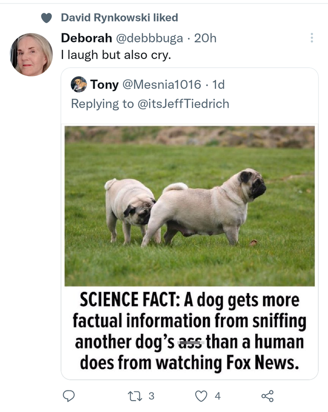 funny tweets - Dog - David Rynkowski d Deborah 20h I laugh but also cry. Tony Tiedrich Science Fact A dog gets more factual information from sniffing another dog's ass than a human does from watching Fox News. 12 3