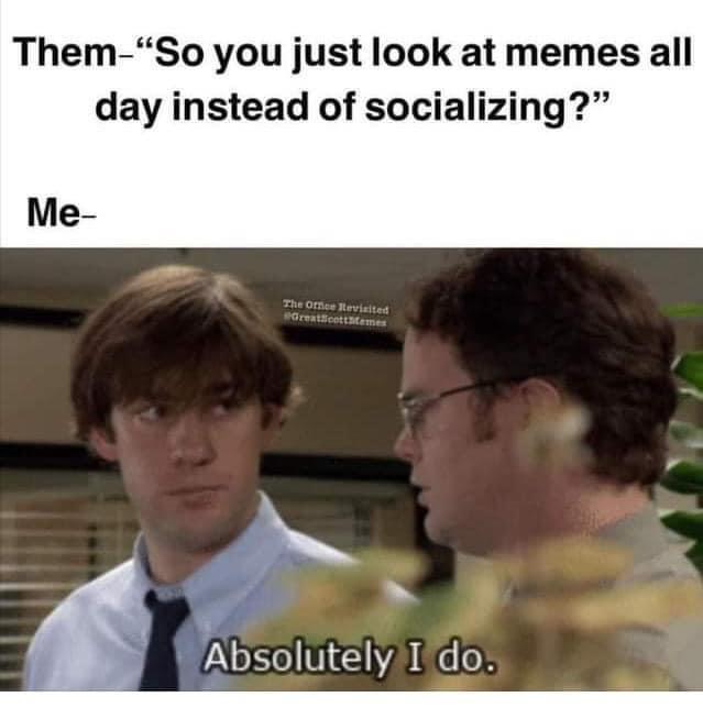 dank memes - Dwight Schrute - Them"So you just look at memes all day instead of socializing?" Me The Office Revisited GreatScottemes Absolutely I do.
