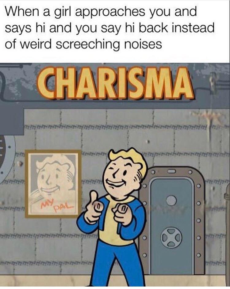 dank memes - fallout charisma meme - When a girl approaches you and says hi and you say hi back instead of weird screeching noises Charisma Pal