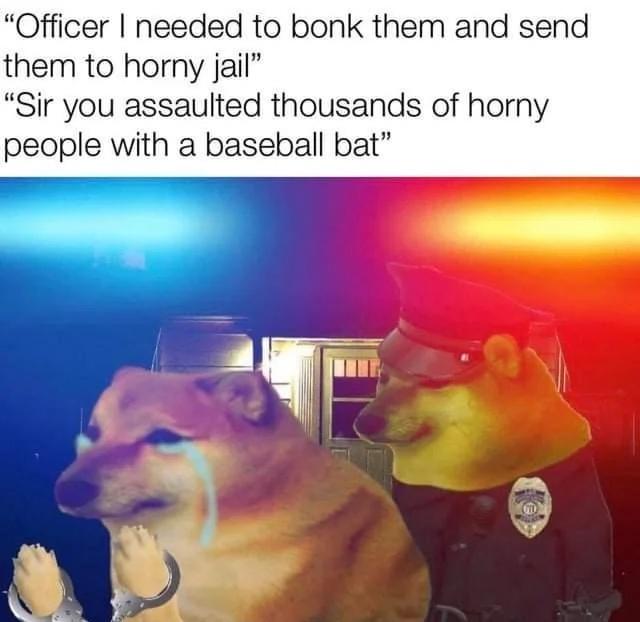 dank memes - go to horny jail memes - "Officer I needed to bonk them and send them to horny jail" "Sir you assaulted thousands of horny people with a baseball bat"