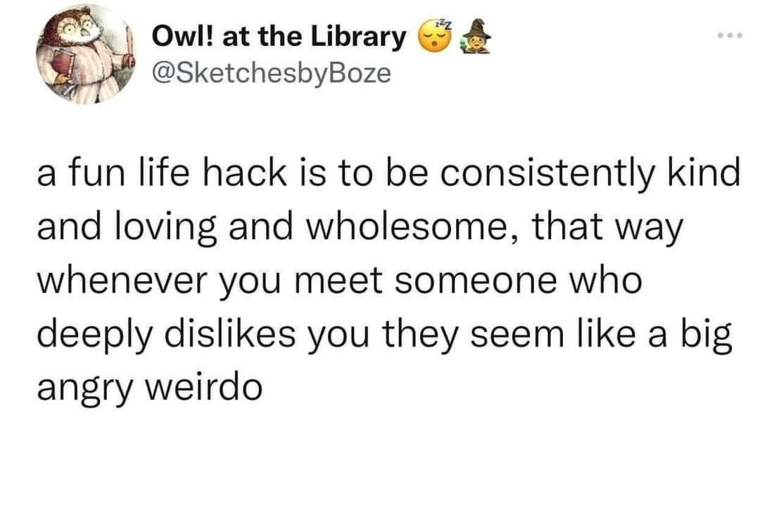 funny memes - we lose the habit of reading because we re afraid of wasting our time - Owl! at the Library a fun life hack is to be consistently kind and loving and wholesome, that way whenever you meet someone who deeply dis you they seem a big angry weir