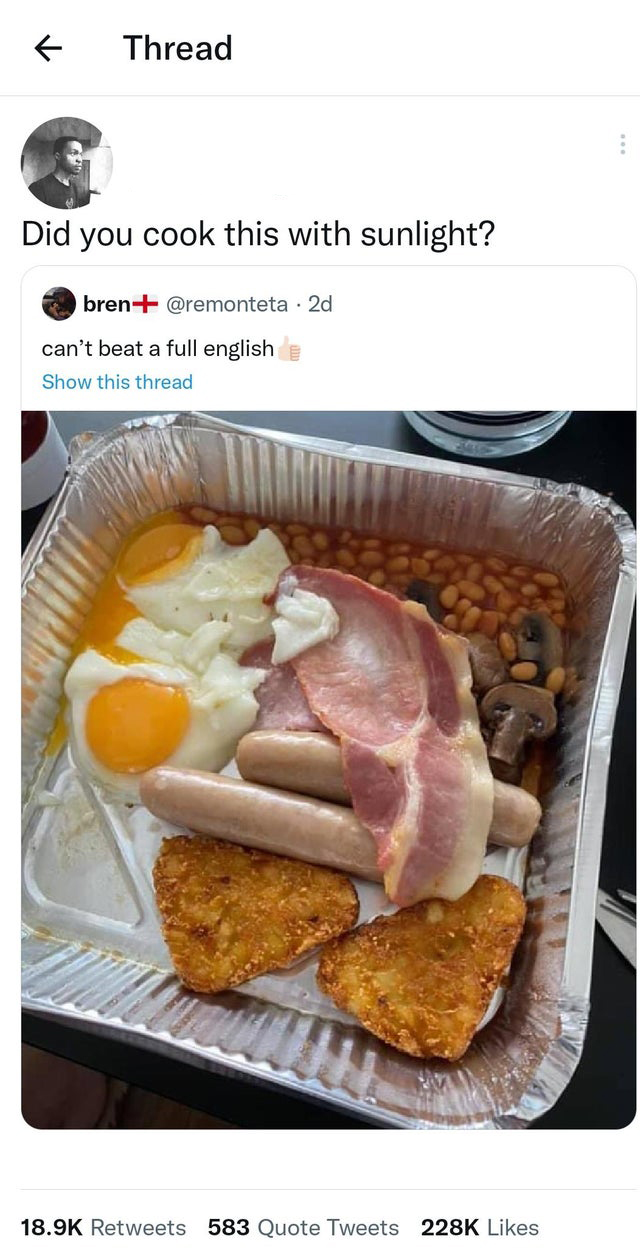 savage tweets - Cooking - Thread Did you cook this with sunlight? bren 2d can't beat a full english Show this thread 583 Quote Tweets