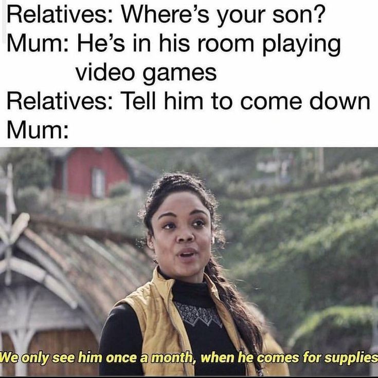gaming memes - he only comes out for supplies meme - Relatives Where's your son? Mum He's in his room playing video games Relatives Tell him to come down Mum We only see him once a month, when he comes for supplies