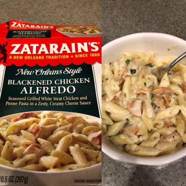 food lottery - al dente - Zatarain Ener Predo Zatarain'S A New Orleans Tradition Since 1889 New Orleans Style Blackened Chicken Alfredo Seasoned Grilled White Meat Chicken and Penne Pasta in a Zesty, Creamy Cheese Sauce 0.5 07.297g Serving Suggestion