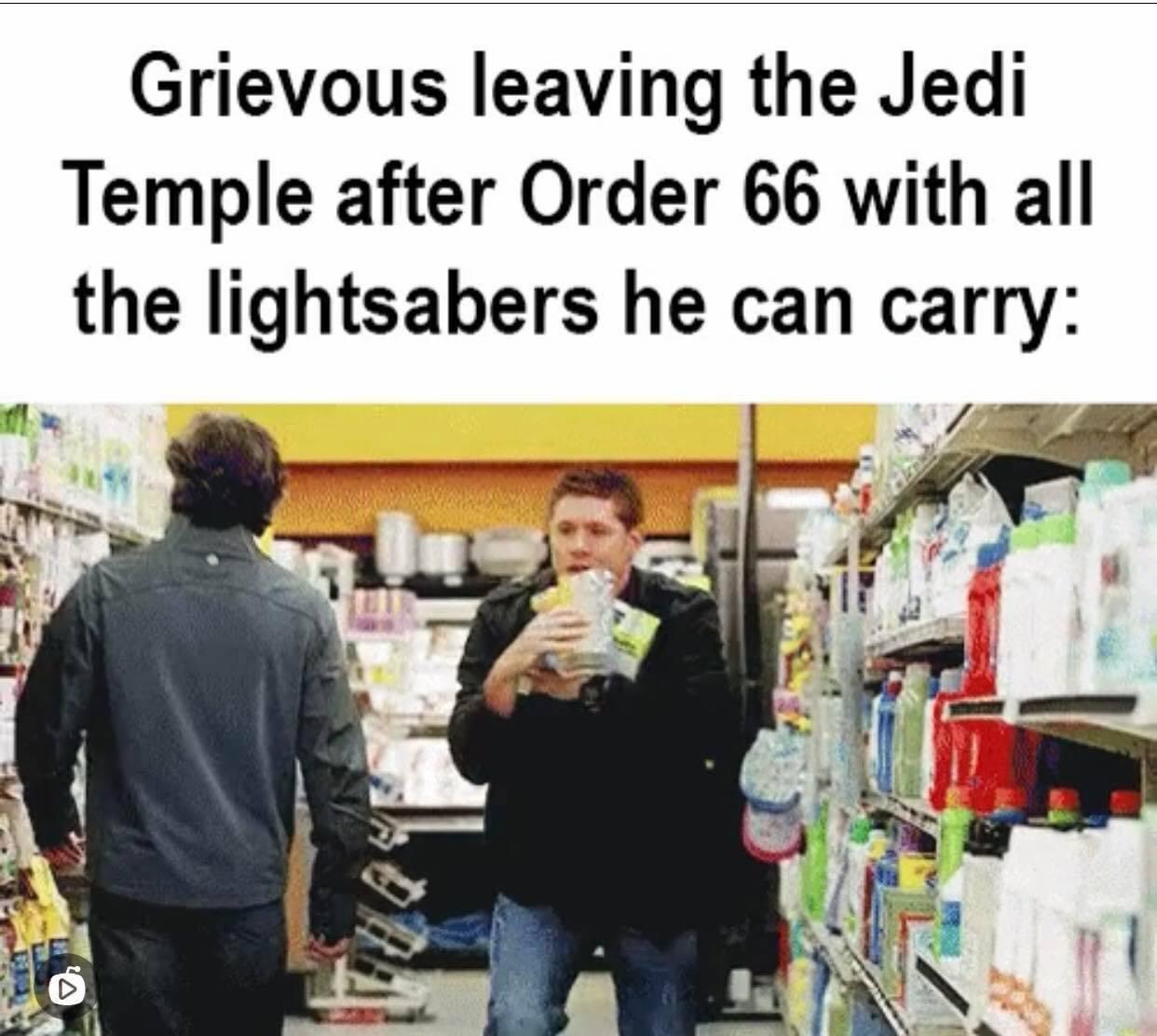 funny memes - create - Grievous leaving the Jedi Temple after Order 66 with all the lightsabers he can carry