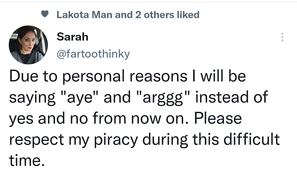 funny tweets - angle - Lakota Man and 2 others d Sarah Due to personal reasons I will be saying "aye" and "arggg" instead of yes and no from now on. Please respect my piracy during this difficult time. ...
