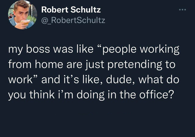 funny tweets - does anyone else find it crazy that you can be so depressed - Robert Schultz my boss was "people working from home are just pretending to work" and it's , dude, what do you think i'm doing in the office?