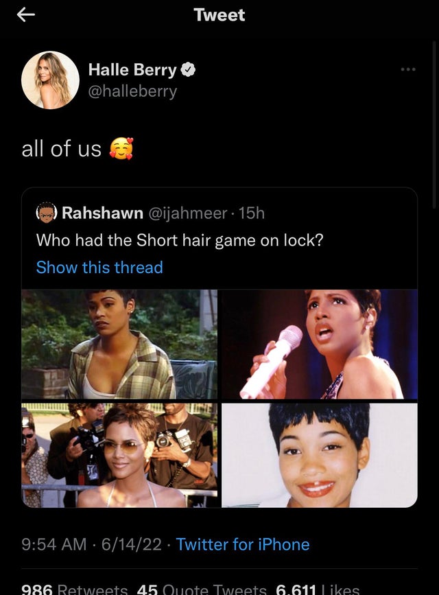 funny tweets - video - Tweet Halle Berry Rahshawn 15h Who had the Short hair game on lock? Show this thread Le 61422 Twitter for iPhone 986 45 Quote Tweets 6.611 all of us ...