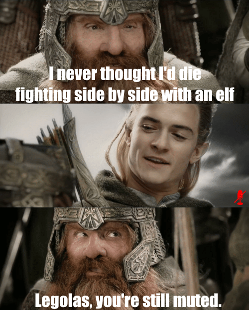 gaming memes - never thought i d die fighting side - I never thought I'd die fighting side by side with an elf Exey Legolas, you're still muted.