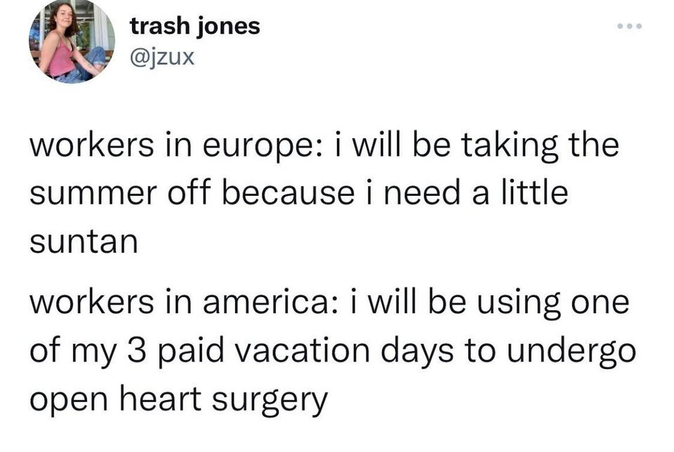 funny tweets - shuri and peter memes - trash jones workers in europe i will be taking the summer off because i need a little suntan workers in america i will be using one of my 3 paid vacation days to undergo open heart surgery