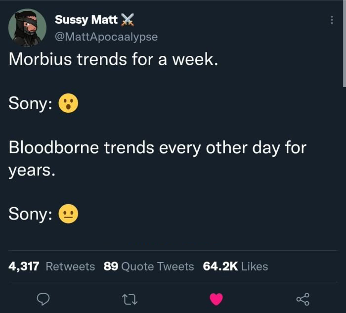 funny tweets - Bloodborne - Sussy Matt X Morbius trends for a week. Sony > Bloodborne trends every other day for years. Sony 4,317 89 Quote Tweets 27