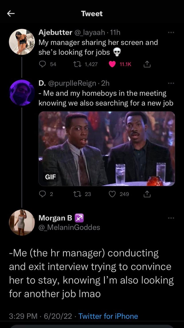 funny tweets - screenshot - Ajebutter 11h My manager sharing her screen and she's looking for jobs 1,427 54 Tweet Gif D. Reign.2h Me and my homeboys in the meeting knowing we also searching for a new job 2 23 Morgan B @ MelaninGoddes 249 Me the hr manager