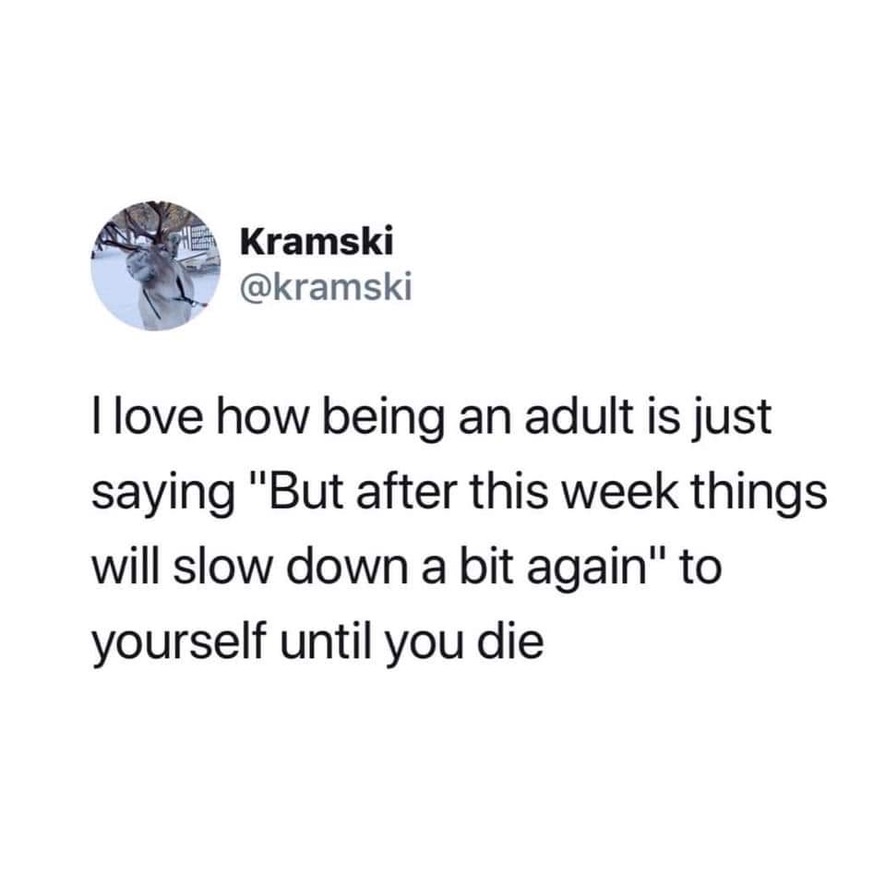 dank memes - being an adult is saying things will slow down next week - Kramski I love how being an adult is just saying "But after this week things will slow down a bit again" to yourself until you die
