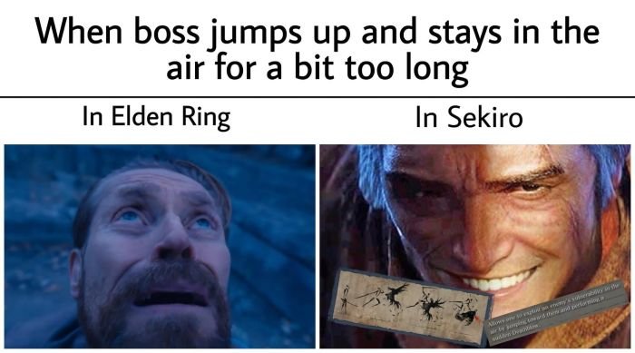 Gamine memes - facial expression - When boss jumps up and stays in the air for a bit too long In Elden Ring In Sekiro Abow any's baby wd vow