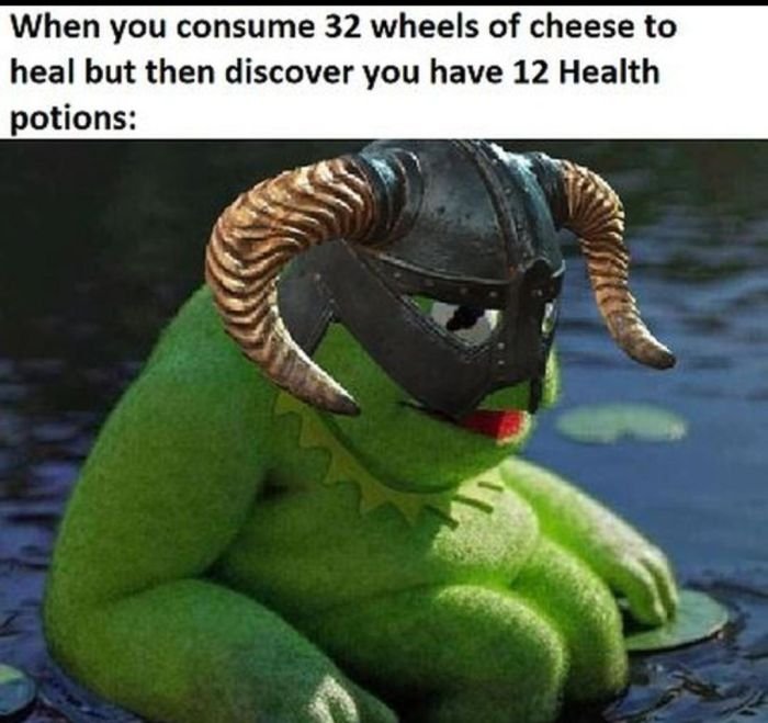 Gaming memes - photo caption - When you consume 32 wheels of cheese to heal but then discover you have 12 Health potions