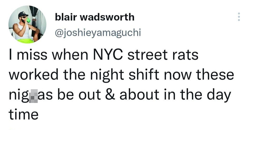 funniest tweets - quote - blair wadsworth I miss when Nyc street rats worked the night shift now these nig as be out & about in the day time ....