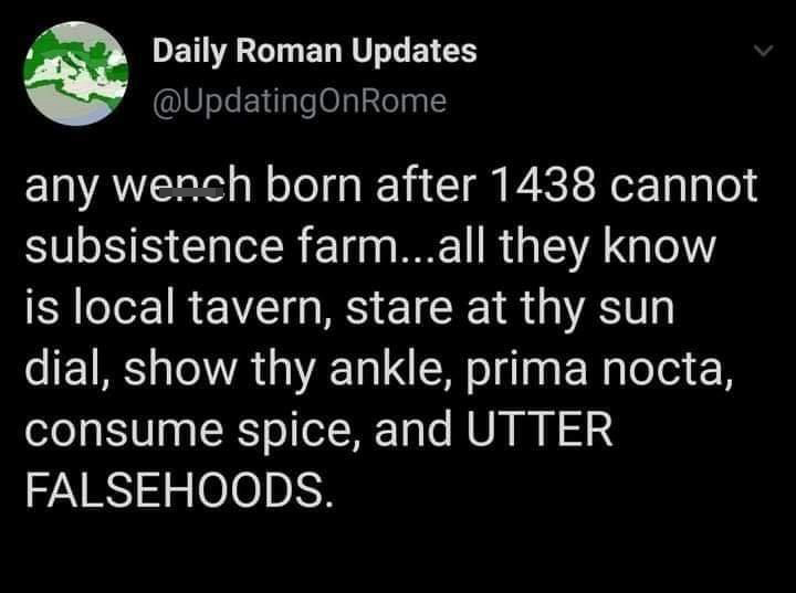 funniest tweets - utter falsehoods - Daily Roman Updates any wench born after 1438 cannot subsistence farm...all they know is local tavern, stare at thy sun dial, show thy ankle, prima nocta, consume spice, and Utter Falsehoods.