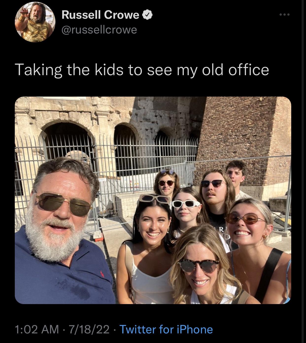 funny and savage tweets - Gladiator - Russell Crowe Taking the kids to see my old office 71822 Twitter for iPhone R