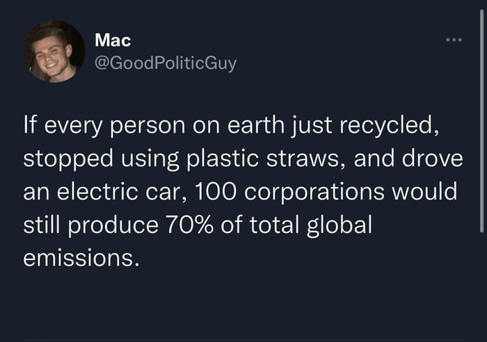 funny and savage tweets - presentation - Mac If every person on earth just recycled, stopped using plastic straws, and drove an electric car, 100 corporations would still produce 70% of total global emissions.
