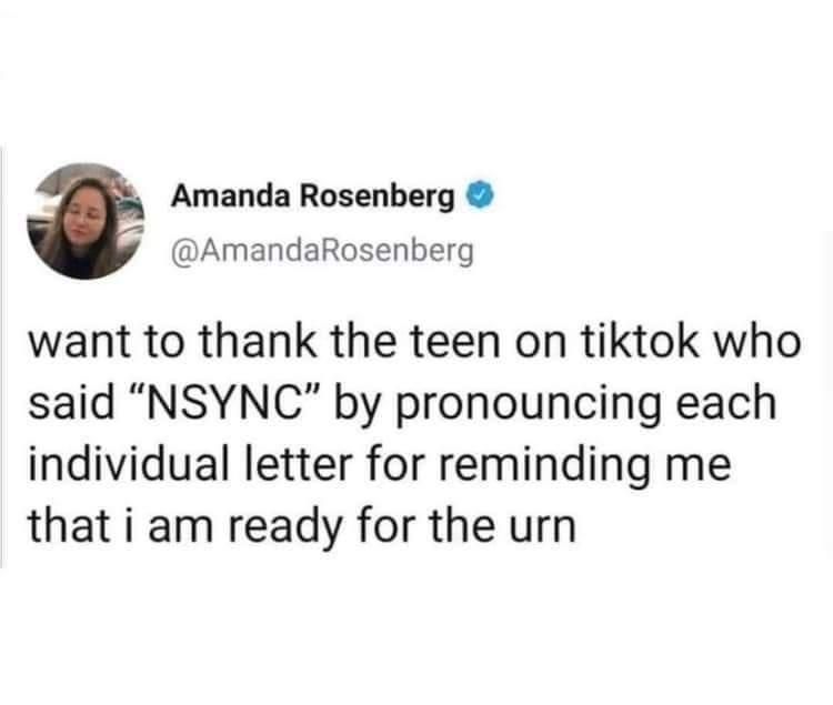 dank memes - funny memes - if a team runs itself for six months - Amanda Rosenberg want to thank the teen on tiktok who said "Nsync" by pronouncing each individual letter for reminding me that i am ready for the urn