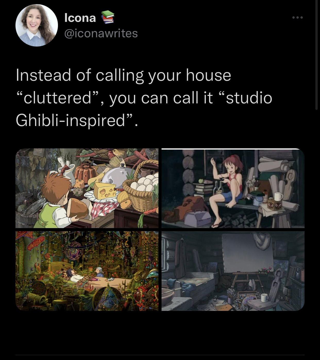 dank memes - funny memes - screenshot - Icona Instead of calling your house "cluttered", you can call it "studio Ghibliinspired".