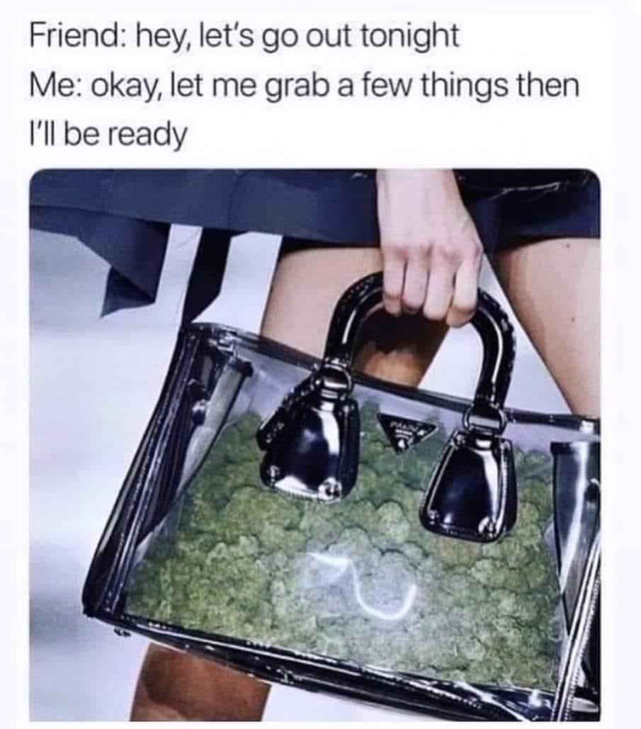 monday morning randomness - prada weed bag - Friend hey, let's go out tonight Me okay, let me grab a few things then I'll be ready Maan