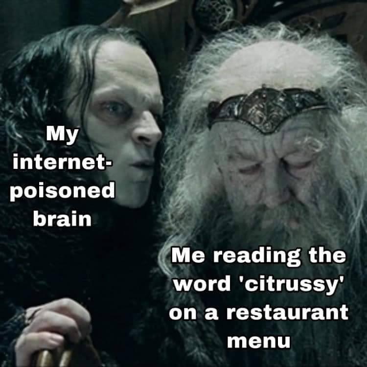 monday morning randomness - citrussy meme - My internet poisoned brain Me reading the word 'citrussy' on a restaurant menu