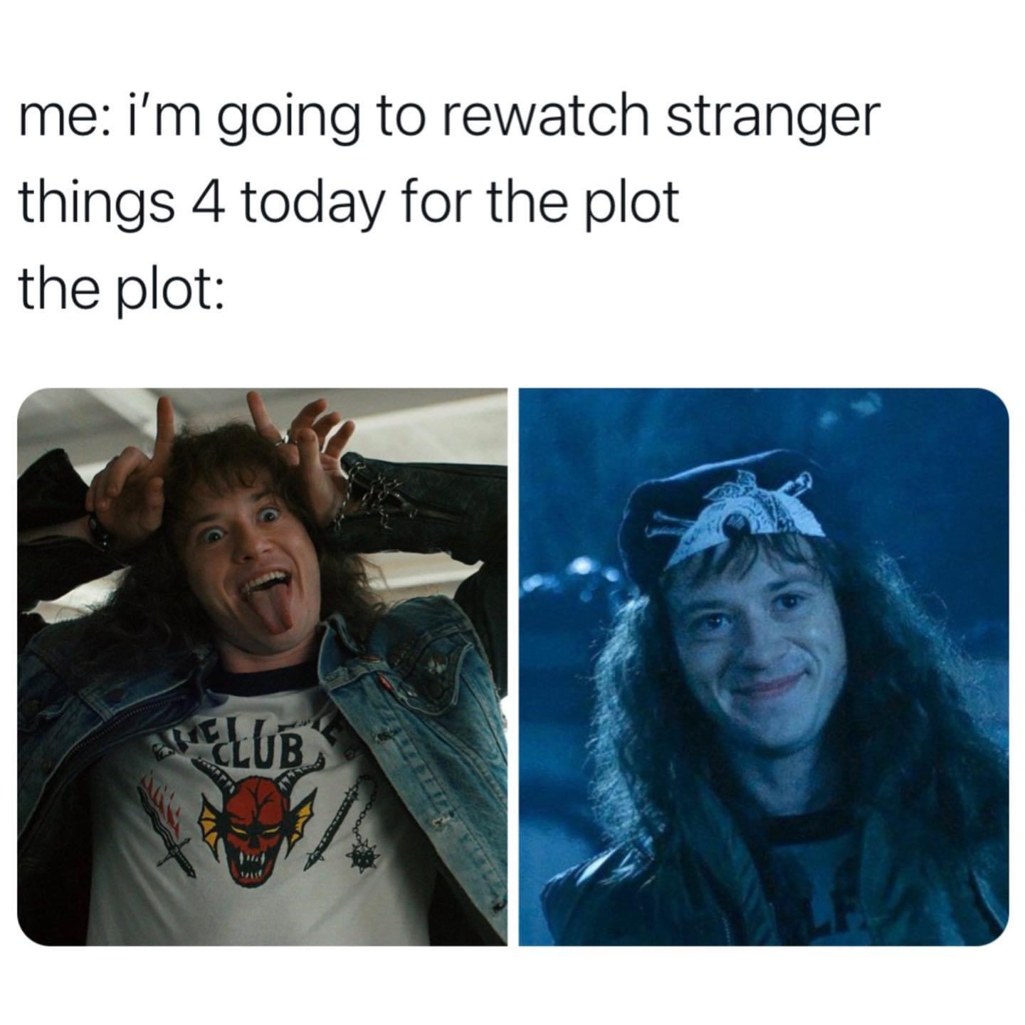 Fresh memes - photo caption - me i'm going to rewatch stranger things 4 today for the plot the plot