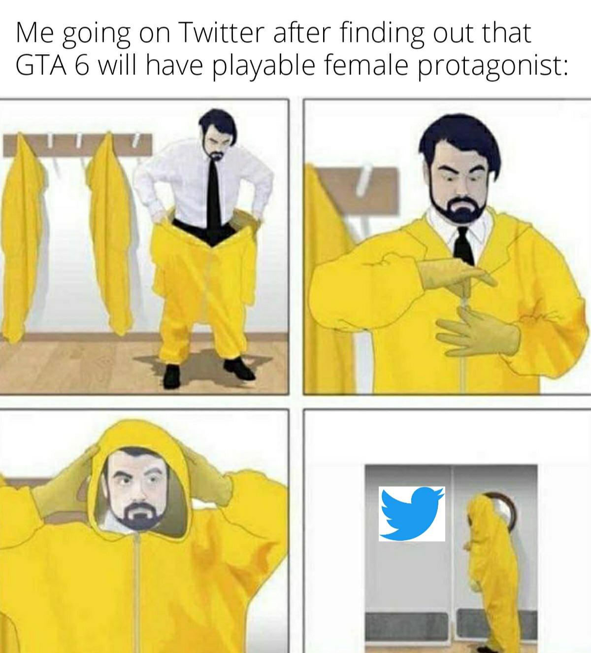 funny tweets - cartoon - Me going on Twitter after finding out that Gta 6 will have playable female protagonist