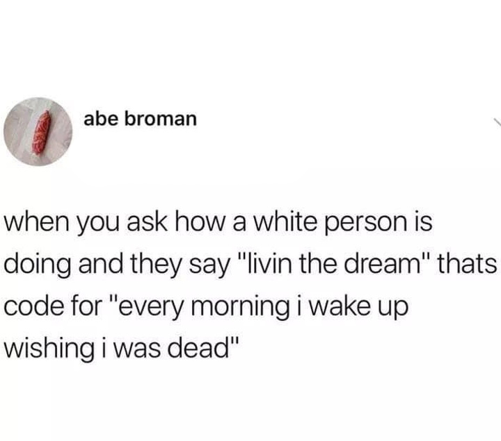 funny tweets - someone says living the dream - abe broman when you ask how a white person is doing and they say "livin the dream" thats code for "every morning i wake up wishing i was dead"