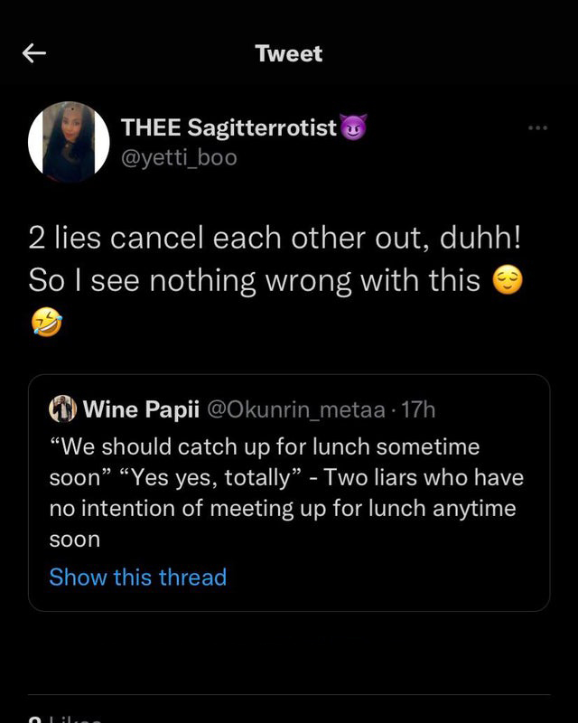 funny tweets - screenshot - K Tweet Thee Sagitterrotist 2 lies cancel each other out, duhh! So I see nothing wrong with this Wine Papii 17h "We should catch up for lunch sometime soon" "Yes yes, totally" Two liars who have no intention of meeting up for l