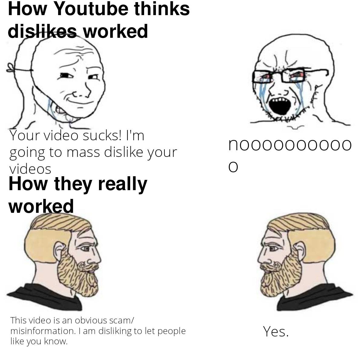 Gaming memes - cartoon - How Youtube thinks dis worked Your video sucks! I'm going to mass dis your videos How they really worked This video is an obvious scam misinformation. I am disliking to let people you know.