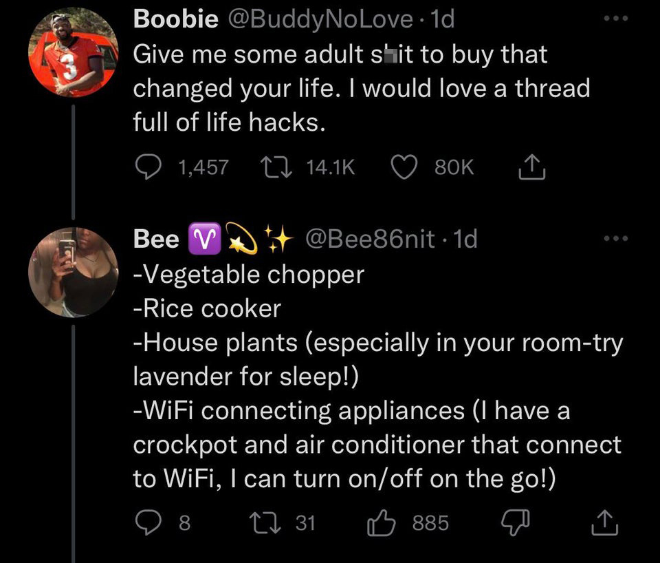 funniest tweets of the week  - atmosphere - Boobie .1d Give me some adult shit to buy that changed your life. I would love a thread full of life hacks. 1,457 80K Bee V Vegetable chopper 1d Rice cooker House plants especially in your roomtry lavender for s