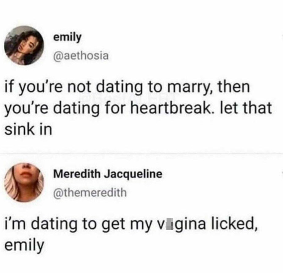 funniest tweets of the week  - if you aren t dating for marriage you re dating for heartbreak - emily if you're not dating to marry, then you're dating for heartbreak. let that sink in Meredith Jacqueline i'm dating to get my viigina licked, emily