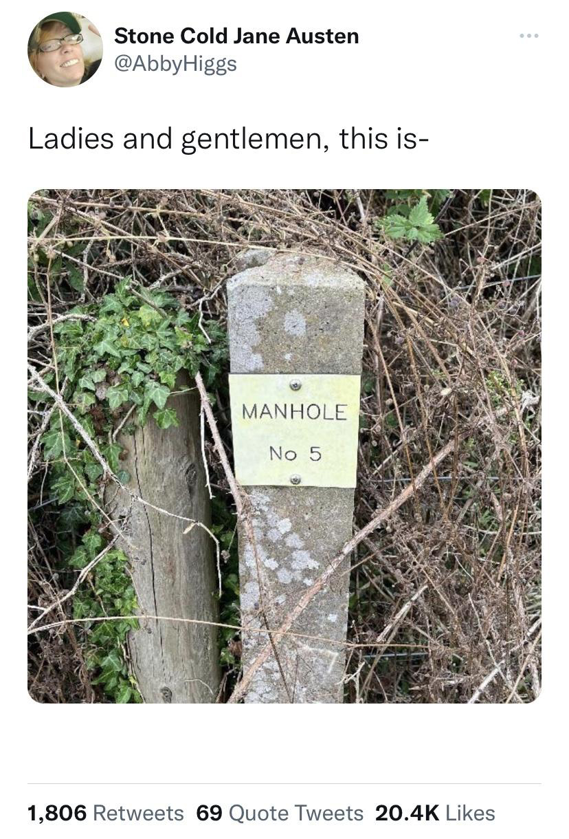 funniest tweets of the week  - soil - Stone Cold Jane Austen Ladies and gentlemen, this is Manhole No 5 1,806 69 Quote Tweets