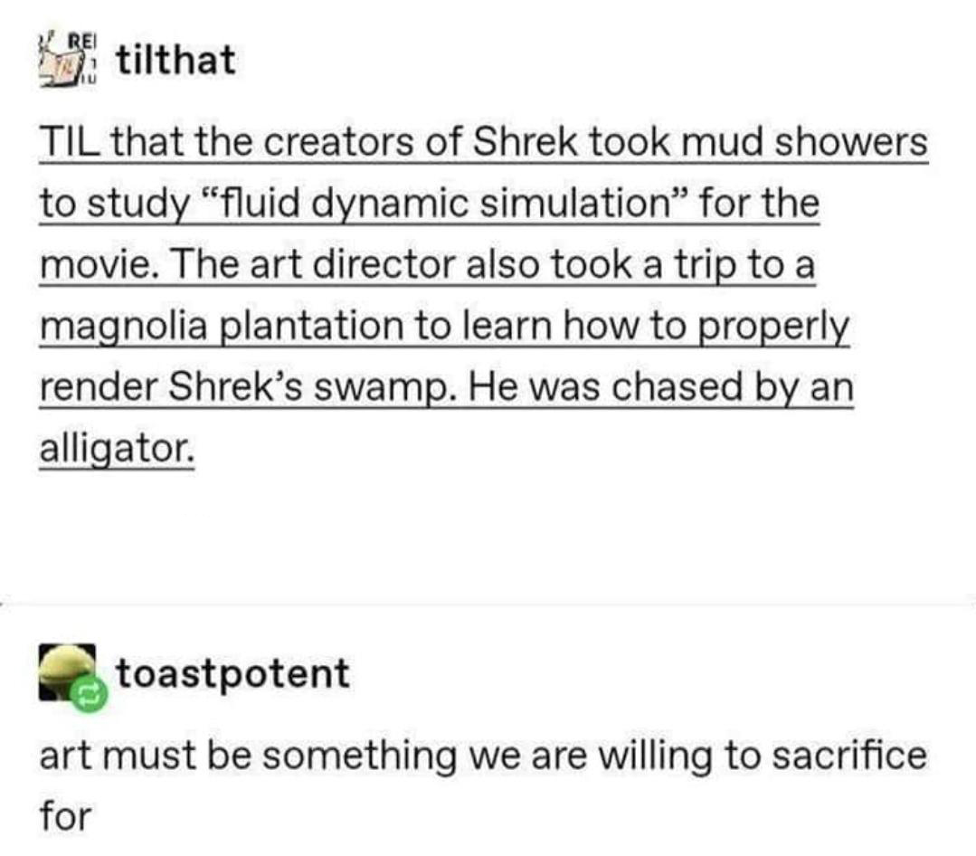 funny memes and pics - document - Rei tilthat Til that the creators of Shrek took mud showers to study "fluid dynamic simulation" for the movie. The art director also took a trip to a magnolia plantation to learn how to properly render Shrek's swamp. He w