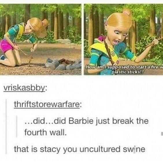 fresh memes - funny quotes and sayings - vriskasbby How am I supposed to start a fire w plastic sticks!? thriftstorewarfare ...did...did Barbie just break the fourth wall. that is stacy you uncultured swine