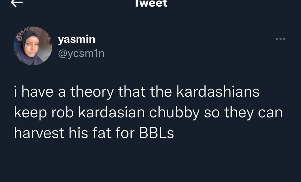 funniest tweets of the week - pete wentz hair tweet - yasmin Tweet i have a theory that the kardashians keep rob kardasian chubby so they can harvest his fat for BBLs