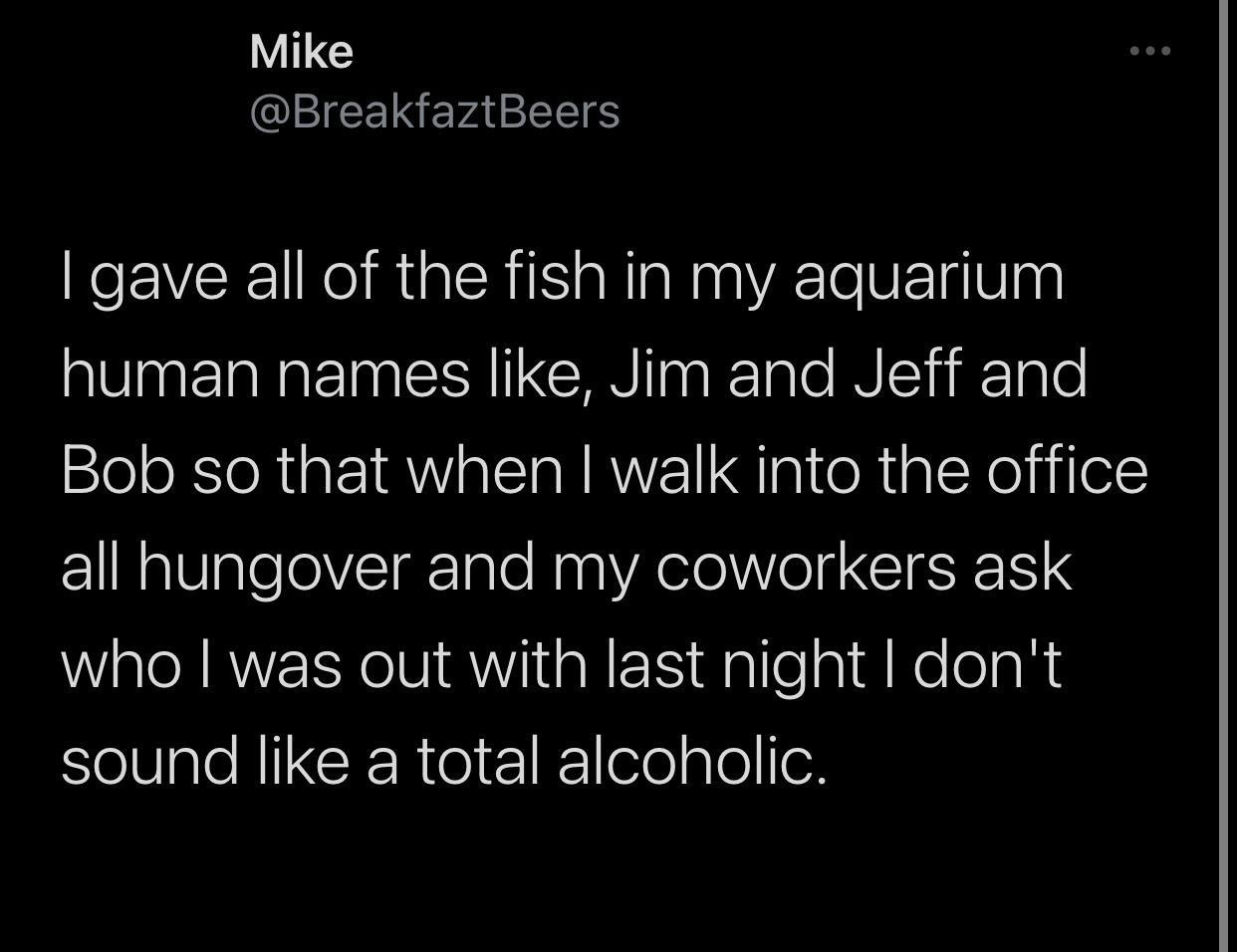 funniest tweets of the week - boy gave a girl 13 - Mike I gave all of the fish in my aquarium human names , Jim and Jeff and Bob so that when I walk into the office all hungover and my coworkers ask who I was out with last night I don't sound a total alco