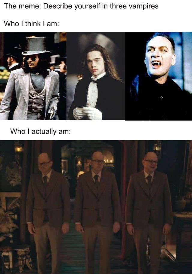 daily dose of randoms - we do in the shadows memes reddit - The meme Describe yourself in three vampires Who I think I am Who I actually am