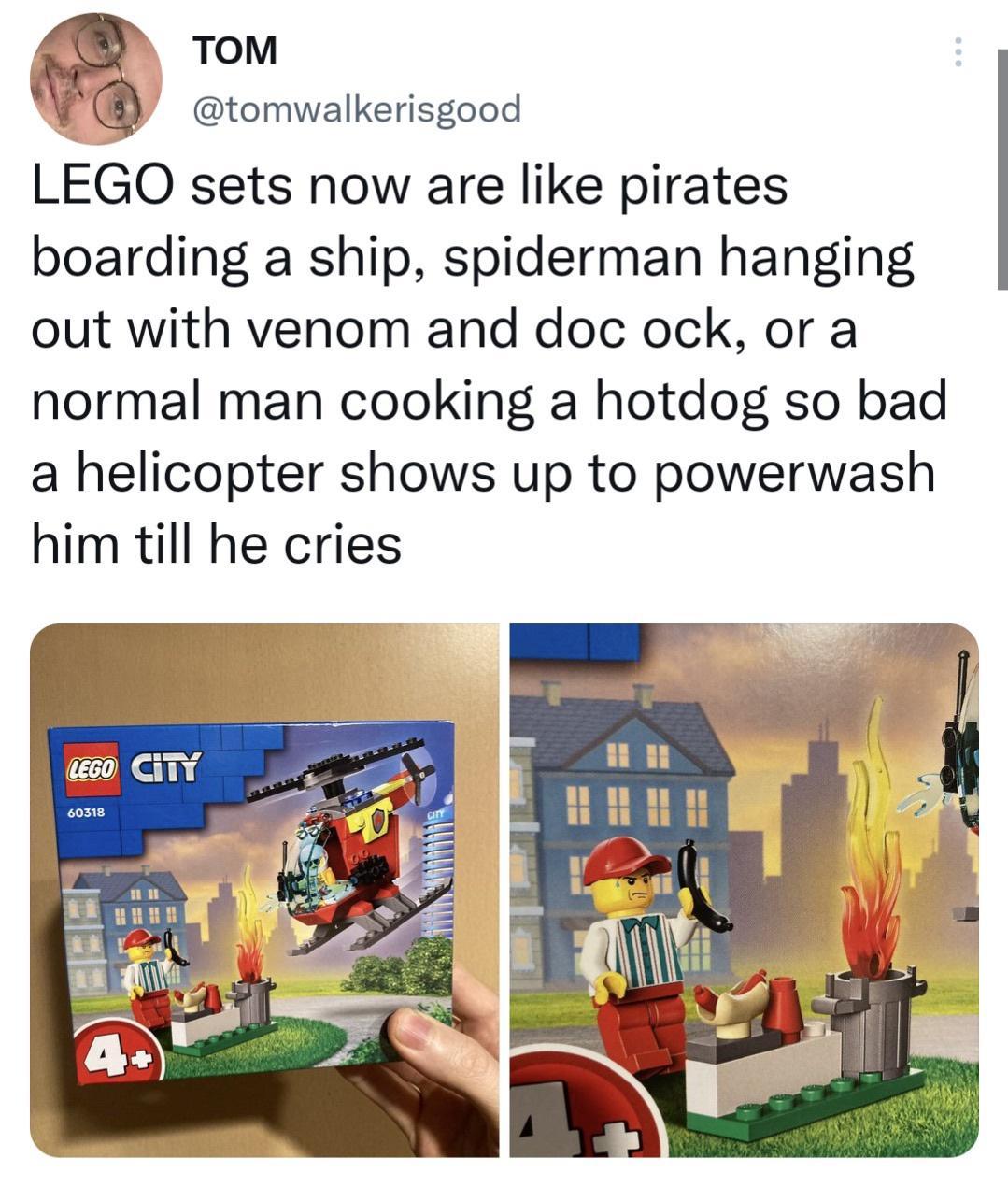 daily dose of randoms - quotes - Lego sets now are pirates boarding a ship, spiderman hanging out with venom and doc ock, or a normal man cooking a hotdog so bad a helicopter shows up to powerwash him till he cries Lego City 60318 09 L