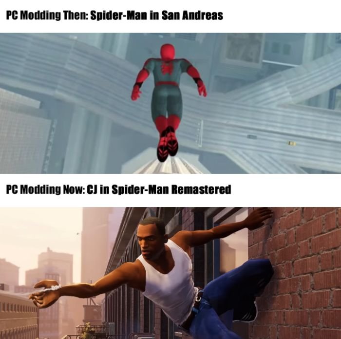 Gaming memes - screenshot - Pc Modding Then SpiderMan in San Andreas Pc Modding Now Cj in SpiderMan Remastered